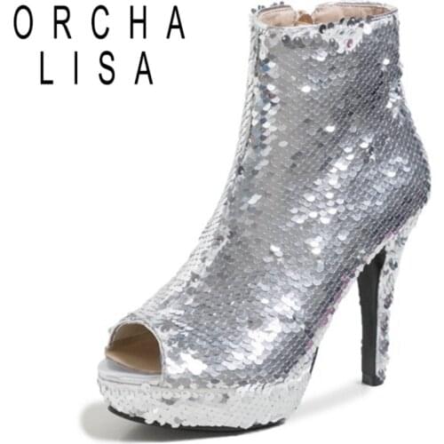 ORCHA LISA 2021 Glitter Bling Mid Calf Womens Boot Sequined Cloth Peep Toe Zip 11CM High Spike Heel Platform US12 Black A4181