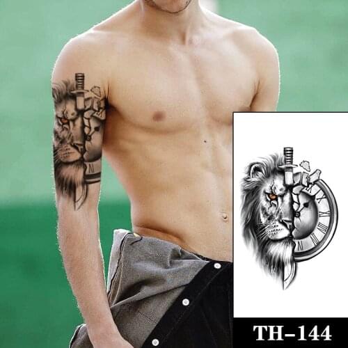 Clock Fragments Tattoo Sticker Fake Lion Orange Eyes Waterproof Temporary Tattoo for Women Men Black Knife Totem Tatoo Body Art