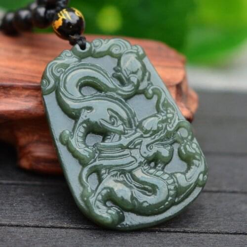 Natural HETIAN Jades Stone Pendant Carved Chinese Flying Dragon Pendant Necklace Gift for Men Jades Stone Jewelry+Rope