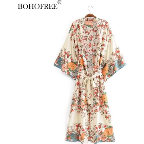 Drop Shipping Rayon Floral Print Boho Loose Batwing Sleeve Casual Bohemian Kimono Robes Cotton Cover Ups Hippie Robes Dress