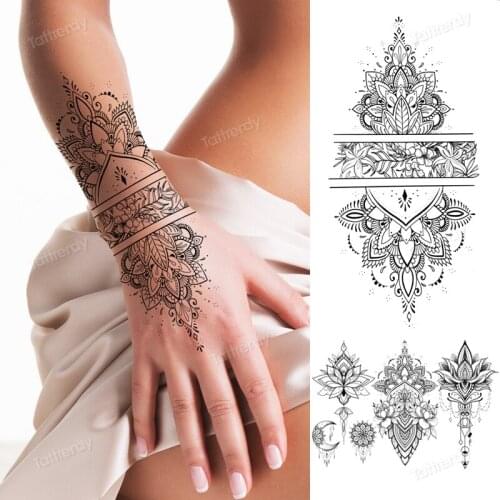 Fake henna tattoo mandala lotus flowers jewery arabic indian egyptian tattoo sleeve hand finger breast tatoo black waterproof