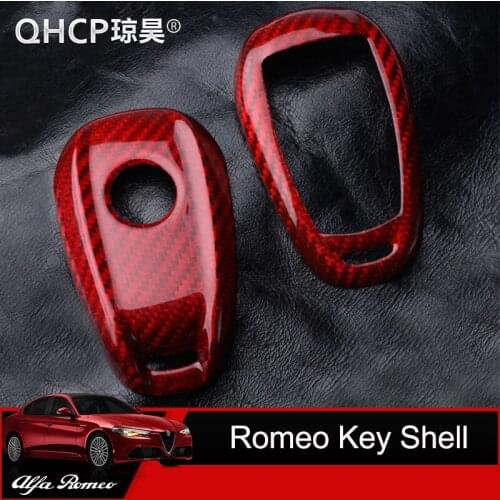 QHCP Red Carbon Fiber Key Case Decorative Shell Protective Cover Trims Fit For Alfa Romeo Giulia Stelvio Car Styling Accessories