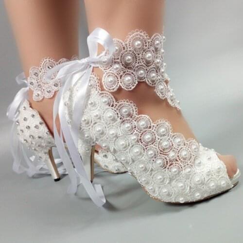 Bride Wedding Shoes Women Open Toe Party Dress Shoes 2021 Lace White Flower Ladies High Heel Pumps Thin Heels Princess shoes