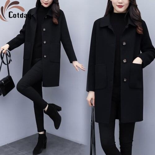 Cotday Solid Loose Casual 2021 Women Wool Blends Trench Coat Female Elegant Outerwear Winter Thick Cardigan Cashmere Overcoats
