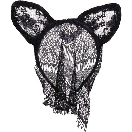 Women Fashion Sexy Mesh Veil Headband Cat Fox Ears Lace Black Hair Hoop Masquerade Cosplay Hen Party Headpiece Gift