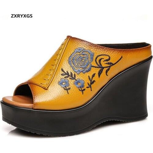 Top Cowhide Embroidered Leather Slipper Women Sandals 2020 New Fish Mouth Summer Slipper Fashion Elegant Platform Wedges Sandals