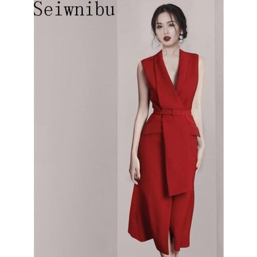 High Quality Summer Womens Vintage Vest Red Blazer Dress Ladies Sexy V-Neck Sleeveless Tank Elegant Office Party midi Dresses