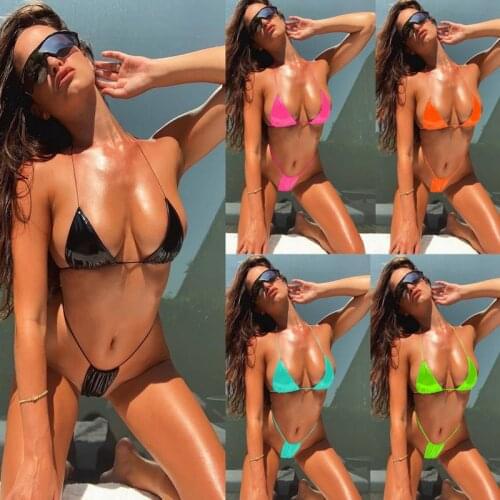 2pcs PU Leather Sexy Women Summer Swimwear Bikini Set Sexy Summer Solid Bra Triangle Suit Swimsuit Bathing Suit Swimming Suit