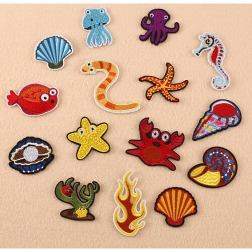 50pcs/lot Embroidery Patches Clothing Decoration Accessories Cute Sea Animals Octopus Shell Diy Iron Heat Transfer Applique
