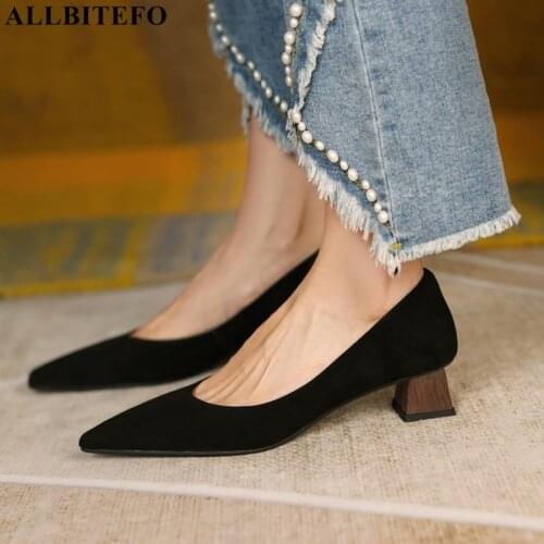 ALLBITEFO Pointed Toe Thick Heel Sheepskin Suede Genuine Leather Women Heels Shoes Spring Fashion Street Girls High Heel Shoes