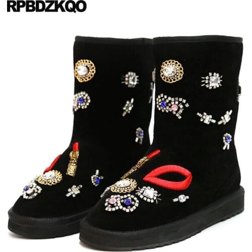 Australian Shoes Ankle Chain Embroidery High Quality Rhinestone Snow Brand Women Winter Boots Genuine Leather Embroidered Black