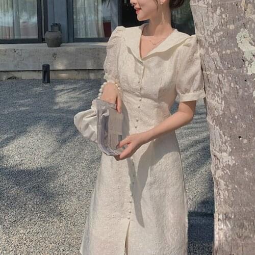 White Floral Puff Sleeve Dress Women Elegant Korean Fairy Korean Midi Dress Female Sweet Peter Pan Collar Bodycon Dress 2021 Y2k