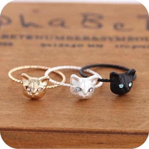 Shiny Crystal Eye Cute Kitty Cat Silver Plated Golden Black Animal Ring for Women