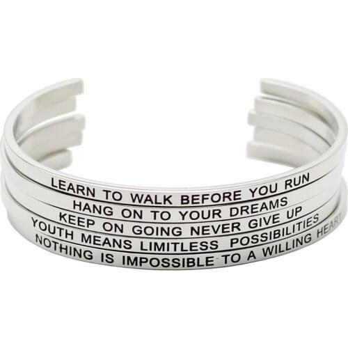 Wholesale Fashion Stainless Steel Open Cuff Bracelet Silver color Bangle Engraved Words Mantra Bracelet Bangle Jewelry