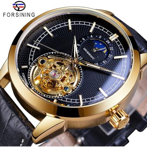 Forsining New Arrival Mens Wristwatch 2019 Top Brand Luxury Automatic Mechanical Golden Case Tourbillon Leather Strap Man Clock