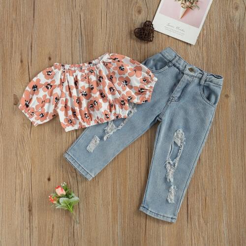 Kids Girl Summer Outfit Fashion Toddler Baby Off-shoulder Short Sleeve Flower Print Tops + Ripped Jeans Summer Clothing 1-6 Year