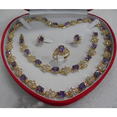 Mothers purple Crystal 18KGP Earring Bracelet Necklace Ring(No box) (A0425) -Bride jewelry good