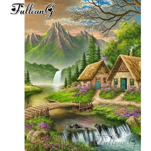 FULLCANG River Bridge Thatched Cottage 5d diy mosaic diamond painting full square round drill rhinestone embroidery sale FC3137