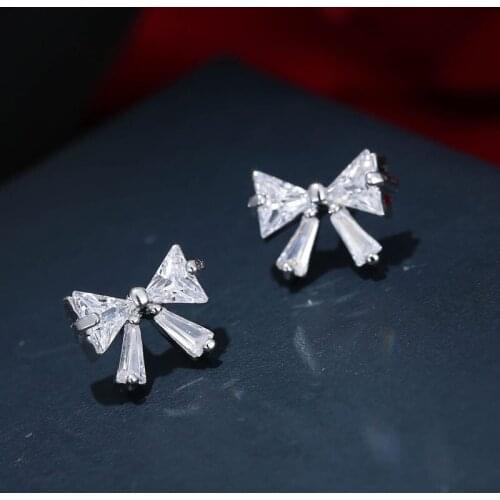 Korea Crystal Butterfly Bow Sweet Cute 925 Sterling Silver Personality Trendy Female Stud Earrings SEA161