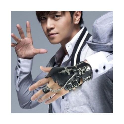 Half-finger Breaking Non-mainstream Street Dance Personality Performance Half-Punk Skeleton Chain Leather Gloves
