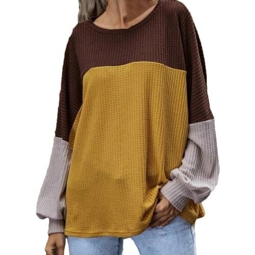Fashion Women Long Puff Sleeve O Neck Blouse Waffle Color Block Knit Pullover