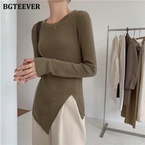 BGTEEVER Fashion Skinny Women Pullover Sweaters Autumn O-neck Side Split Female Irregular Knitted Tops Casual Ladies Knitwear