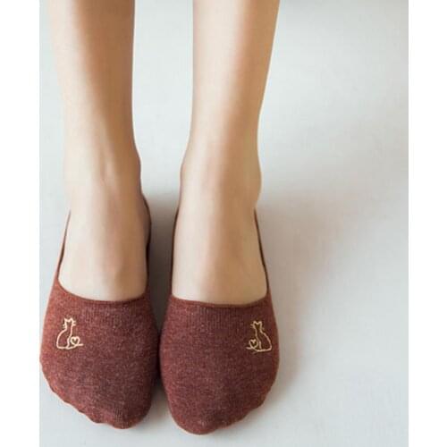 5Pairs Women Embroidery Cats Comfortable Anti Slip Low Cut Invisible Boat Socks