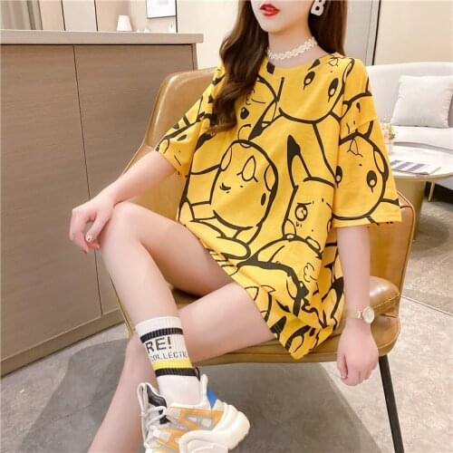 Pikachu Woman Top Trend 2021 Womens Clothing Plus Size Loose T Shirts Pokemon Yellow Short Sleeve T-shirts Female Clothes Tees