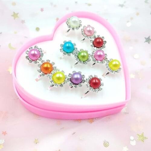 12 Pcs/box Adjustable Alloy Baby Girl Rings Fashion Cartoon Children Girl Rings with Heart Shaped Showcase for Party