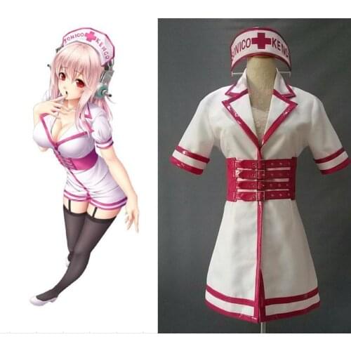 SuperSonico SONICO KENGO Nurse Cosplay Costume Sexy Uniform Halloween Cosplay Costumes Pink White Dress Belt Headwear 3 Pcs Set