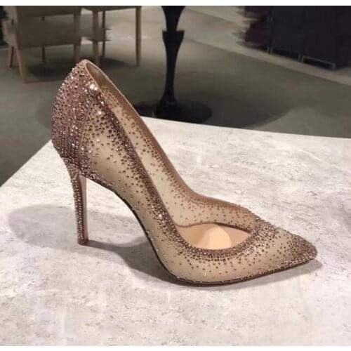 Carole Levy 2019 Bling Bling Crystal Wedding Shoes Mesh Rhinestone Patchwork Dress Pumps Champagne Black Silver Glitter Heels