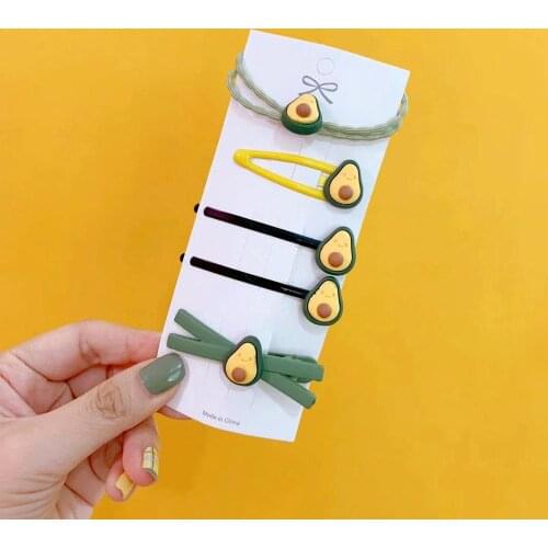 5pcs/set Avocado Hair Clips Cute Fruit Bow Green Yellow Barrettes Hairband Side Clip Hair Accessories Women Kids Christmas Gift