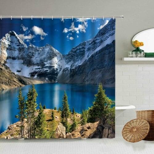 Natural Landscape Shower Curtain Snow Mountain Forest Lake Scenery Bathroom Decor Winter With Hook Waterproof Polyester Screen