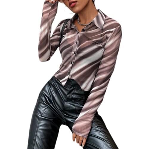 Womens Button Down Shirts Sexy Long Sleeve Striped Print Sheer Mesh Lapel Tops