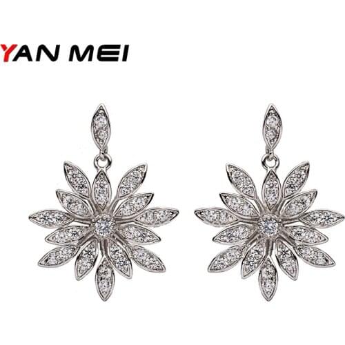 YAN MEI Women Fashion Flower Cubic Zirconia Earring Romantic Silver Color Dangle Earrings Womens Day Gift GLE5591