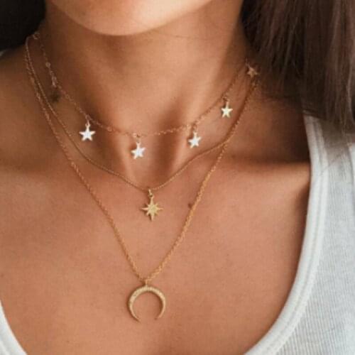 HuaTang Star Moon Necklace For Women Fashion Gold Necklace Multiple Layer Crystal Horn Pendant Long Necklaces Boho Jewelry 14413