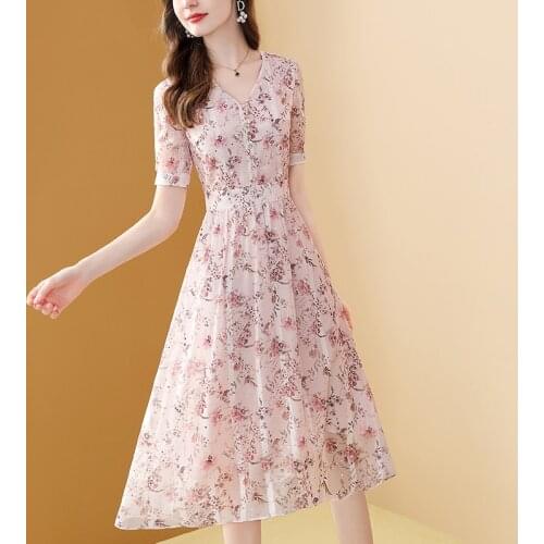 Pink Chiffon Women Dress Summer Slim Short Sleeve A-Line V Neck Party Dresses Sweet Pleat High Waits Casual Female Dress 2021