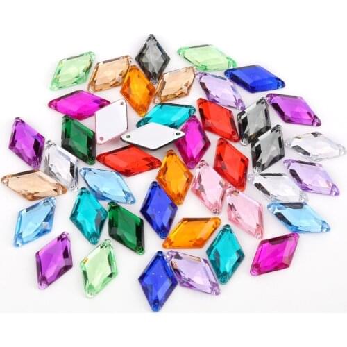 100pcs 10*18mm Glitter Crysta Sew On Rhombus Acrylic Rhinestone Flatback Colorful Sewing Beads For DIY Wedding Dress 18 colors