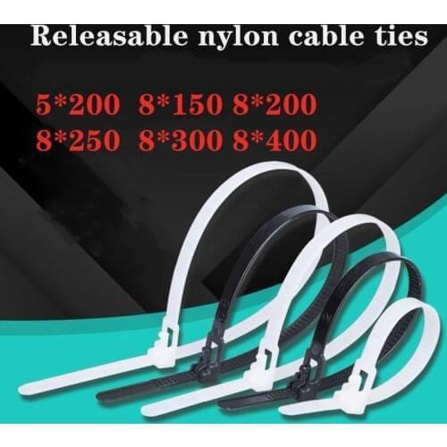 100pcs Releasable nylon cable ties5*200mm 8*150/200/250/300mm loose slipknot tie reusable packaging Plastic Zip Tie wrap Strap