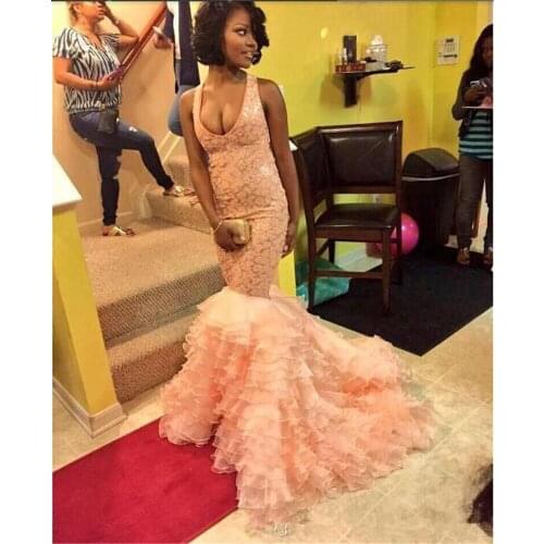 2020 Slim Mermaid Organza Prom Dresses Lace Criss Cross Back African Evening Party Gowns Custom Formal Special Occasion Dress