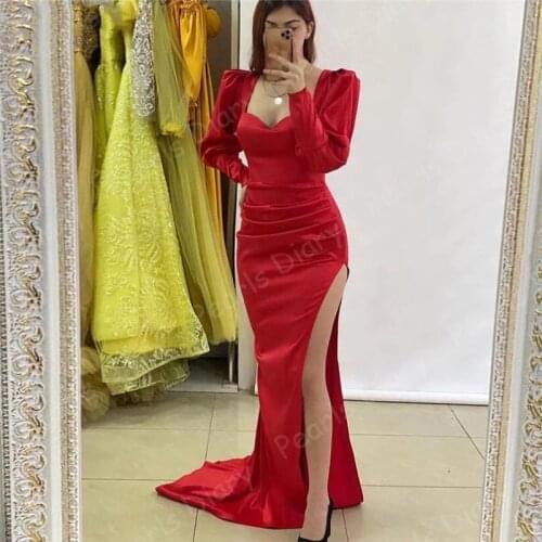 2021 Red Mermaid Evening Dress Satin Long Sleeves Prom Party Gowns Pleats Plus Size Formal Women Special Occasion Dresses