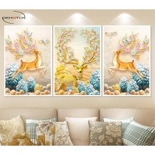 Unframed 3 Pieces/Set 3D Effect Jumping Deer Cute Animal Canvas HD Prints Pictures Paintings Home Decor Wall Art