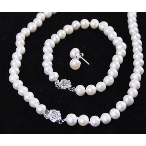 7-8mm White Freshwater Cultured Pearl Bracelet Necklace Earrings Set LL001