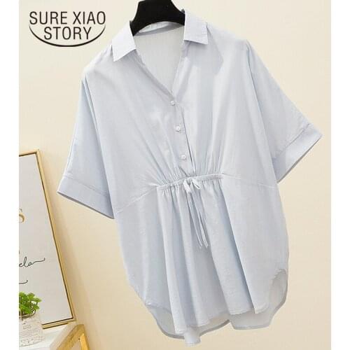 2021 Summer New Elegant V-neck Solid Large Girls Slim Shirts 5XL Large Size Korean Style Loose Blouse Women White Tops 9884