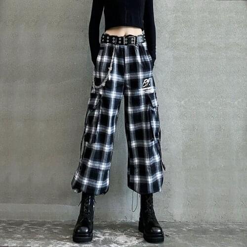 Spring HiP Hop Style Loose Black and White Plaid Pants Women High Waist BF Jogger Pants Cargo Sweatpants
