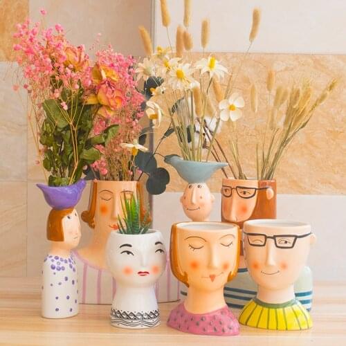 Human Head Flower Pot-Ceramic Vase-Handicrafts Head Vase-Personality Nordic Funny Portrait Home Balcony Decoration Ornaments Dry