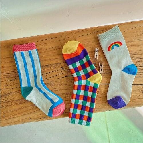 Toddler Kids Crew Thermal Socks Plaid / Stripe / Rainbow Printed Soft Thick Novelty Cotton Socks