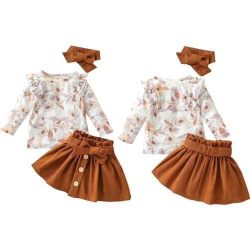 2021 3Pcs Kids Summer Tracksuit, Girls Floral Round-Neck Long Sleeves Tops + Buttons Skirt + Headband, 6 Months to 4 Years