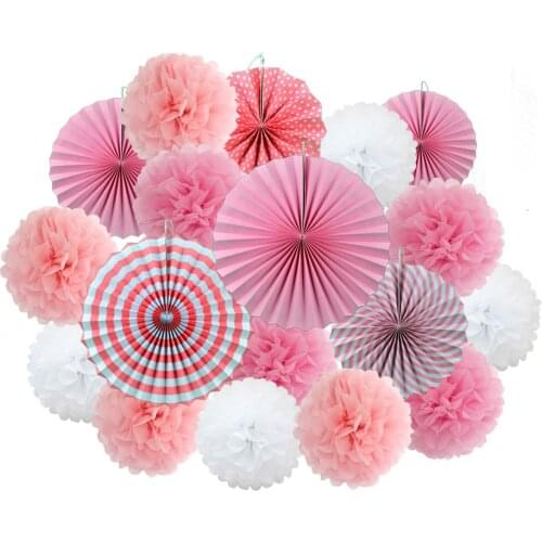 Baby Girl Boy Shower Party Favor 18pcs Pink Blue Set Mixed Size Paper Crafts Kids Birthday Decor Hanging Folding Fan Pompom