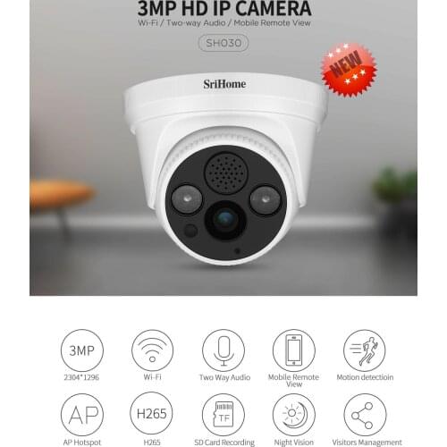 Modello SH030 TELECAMERA WIFI IP CAMERA WIRELESS INFRAROSSI 3.0 Megapixel HD IR CUT ONVIF P2P Supporto SD AUDIO